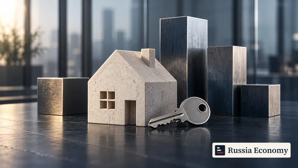 A pale stone house model and steel key beside unmarked metal blocks on a dark desk.