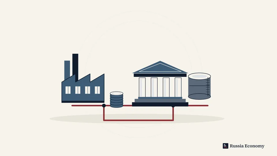 Industrial buildings, a bank and storage tanks connected by a red pipeline in an editorial illustration.