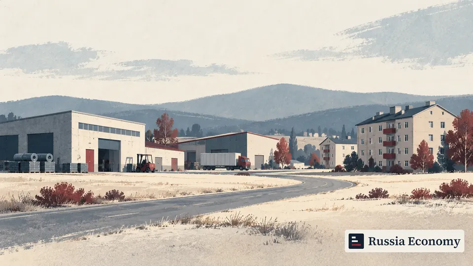 Editorial illustration of a workshop, warehouse and apartment buildings linked by a quiet road.