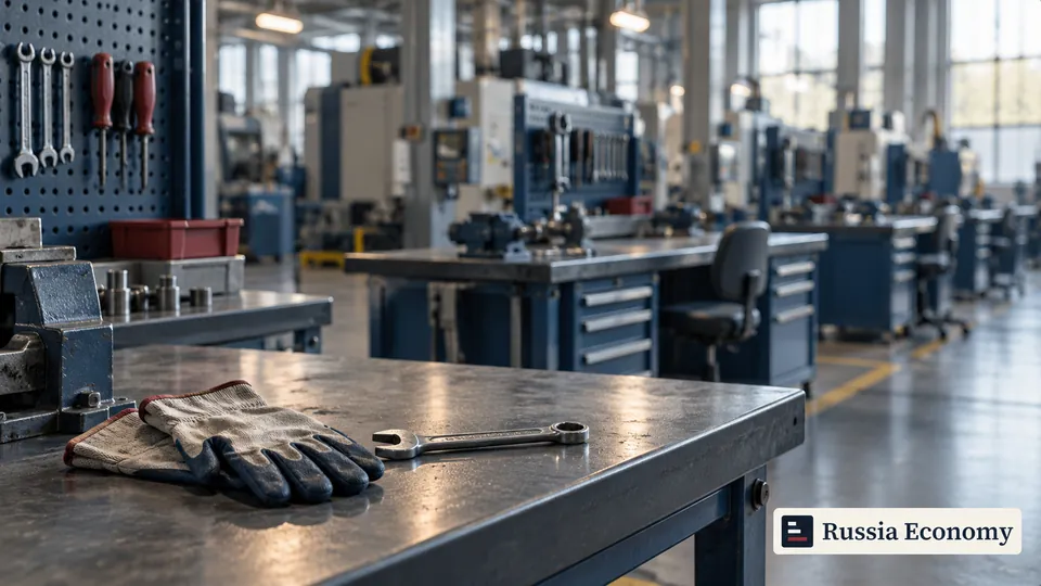 Work gloves and a tool on an unoccupied industrial workbench, with empty work stations behind.