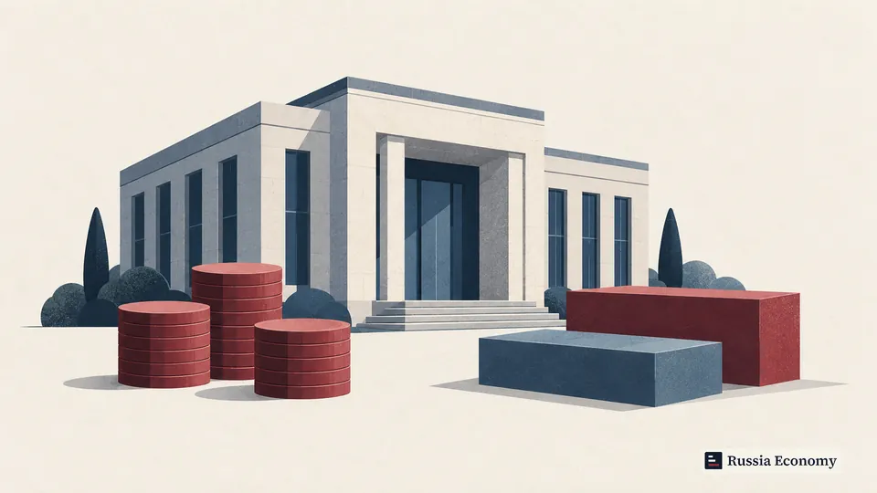 Illustration of a modern unbranded bank building with coin stacks and rectangular blocks.