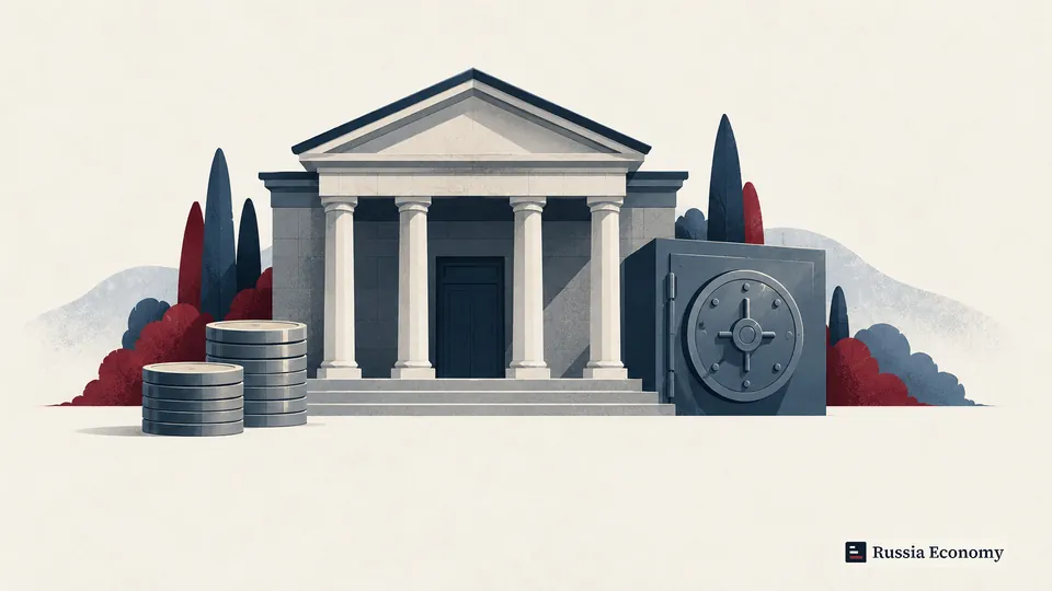 Illustration of an unbranded bank facade, blank coin stacks and a vault.