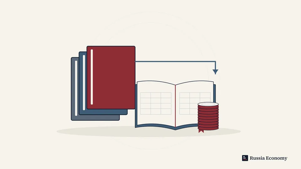 Three planning volumes, an open blank ledger and a stack of coins.