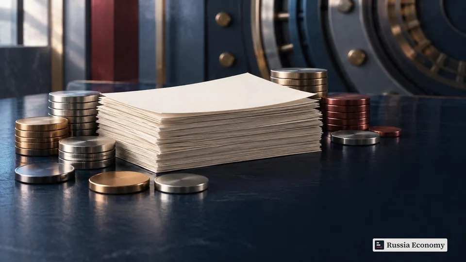 Blank paper slips and unmarked metal discs arranged on a dark counter beside an abstract vault.