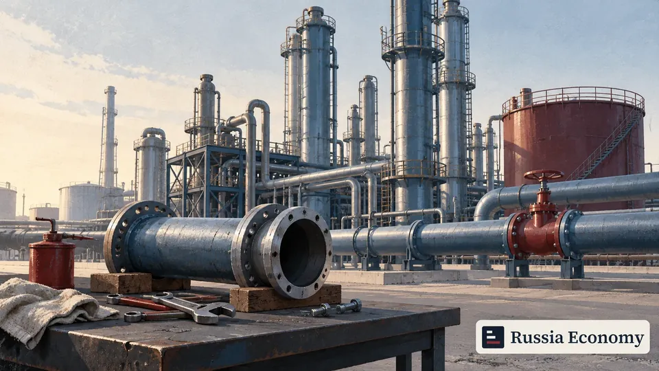 Editorial illustration of refinery towers and pipes with a detached pipe section and tools on a maintenance bench.