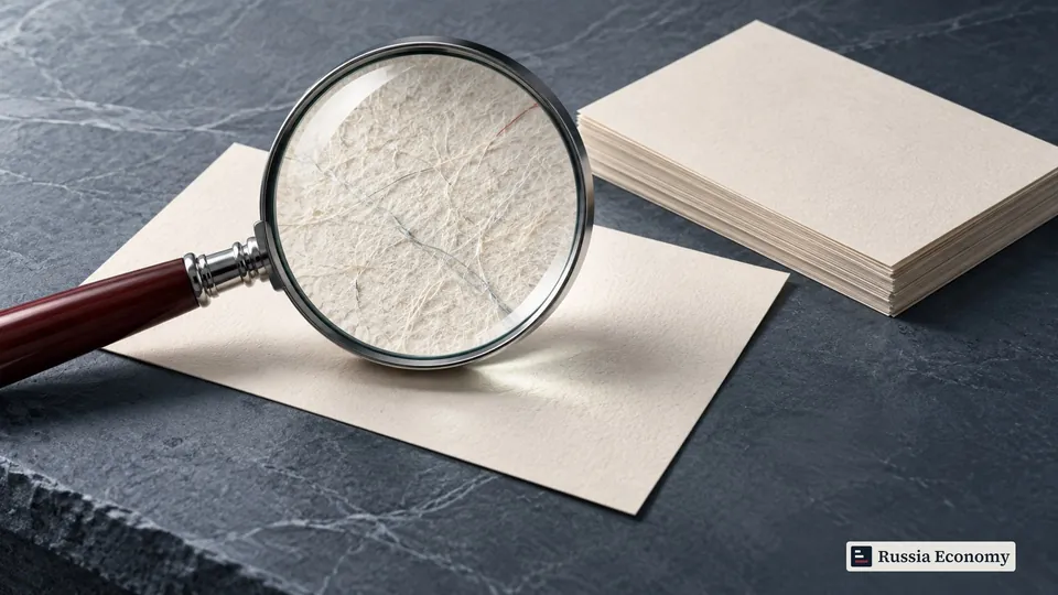 A magnifying glass reveals paper fibers on a blank slip beside a small stack of blank papers.