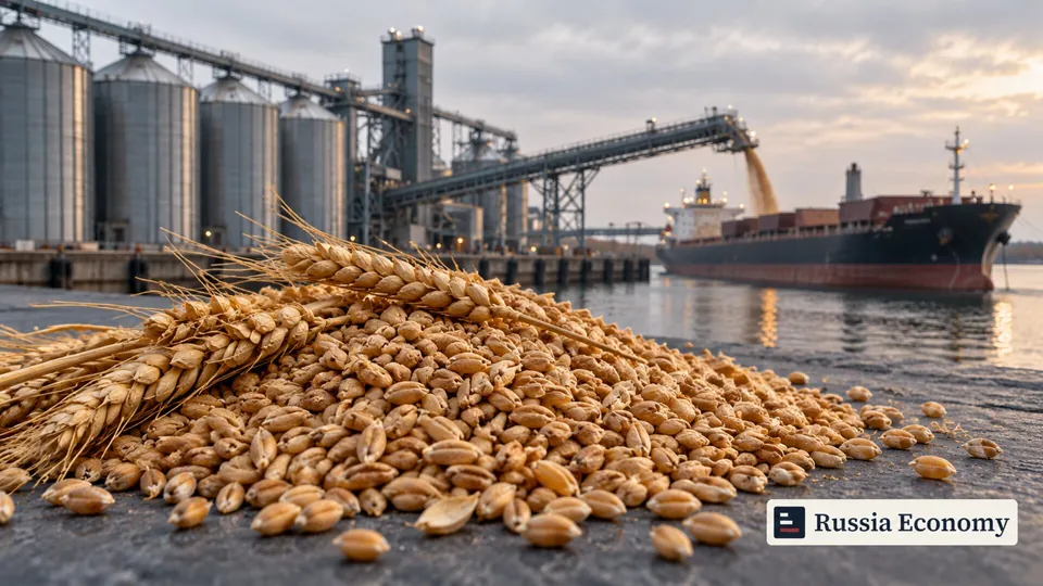 Wheat kernels and ears in front of grain silos, a loading conveyor and an unmarked bulk carrier.
