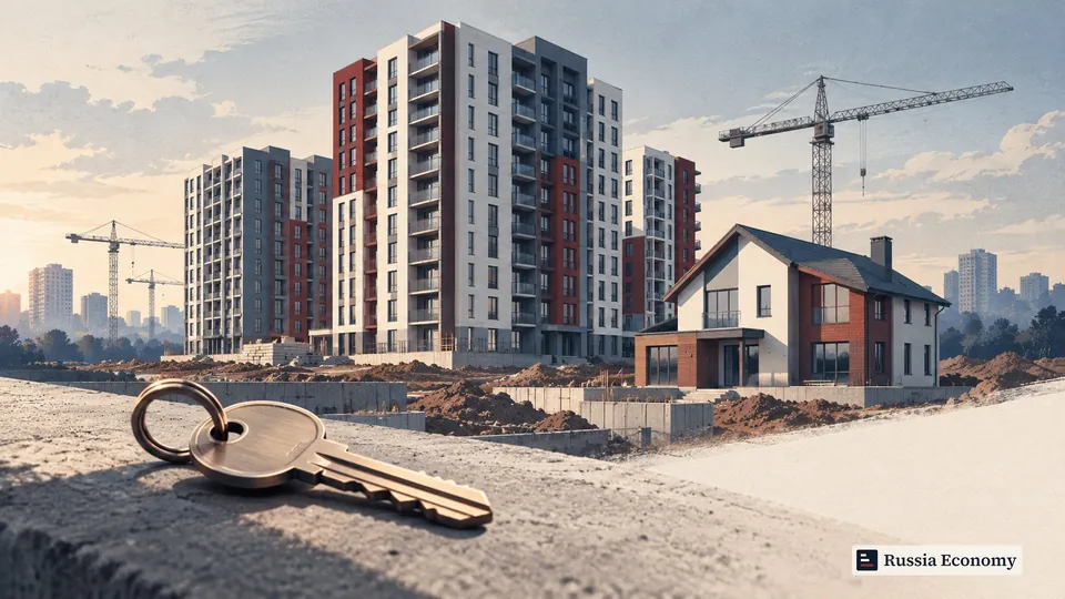 Apartment buildings and a detached house under construction, with a key in the foreground.