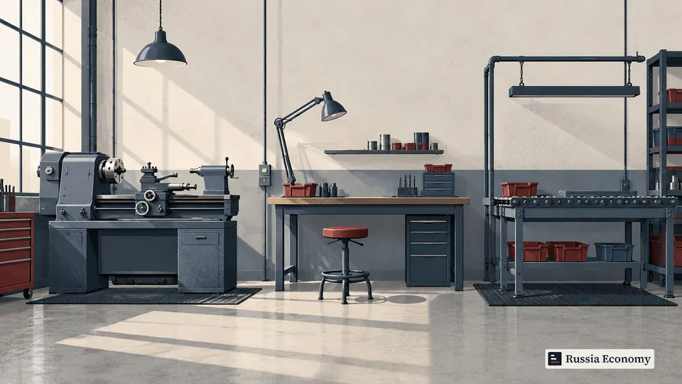 Illustration of an empty workshop with a lathe, workbench, stool and assembly station.