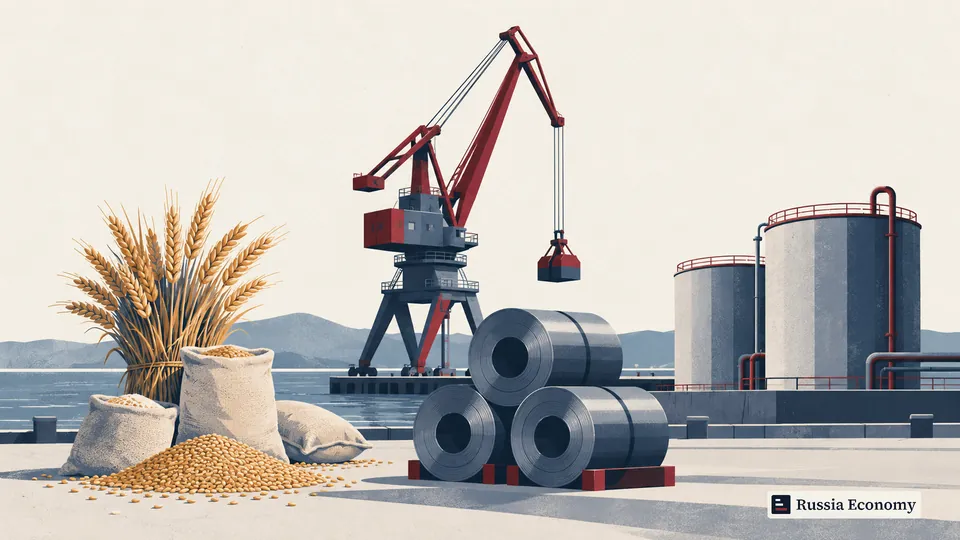 Illustration of a port crane, grain sacks, wheat, rolled steel and energy storage tanks.