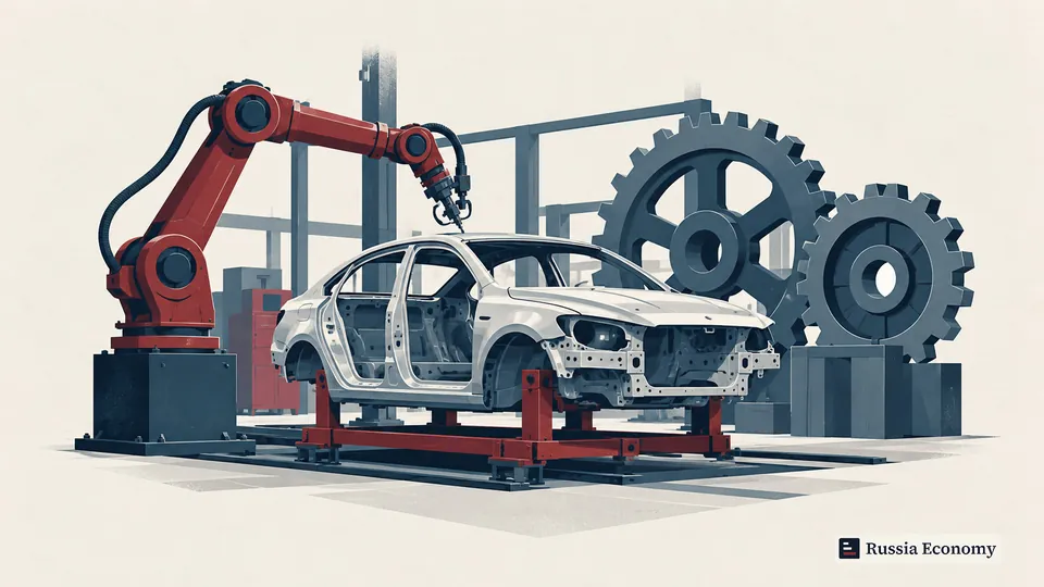Illustration of an unbranded car body on an assembly support with a robot arm and gears.