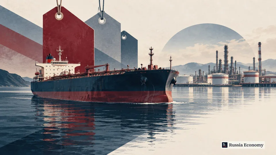 An oil tanker beside blank cargo tags and a distant refinery.