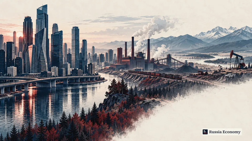 A modern urban district beside industrial and resource infrastructure in a composite landscape.