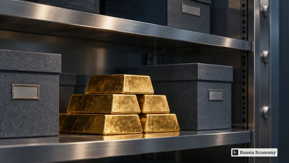 Unmarked gold ingots and archival boxes on a steel vault shelf.
