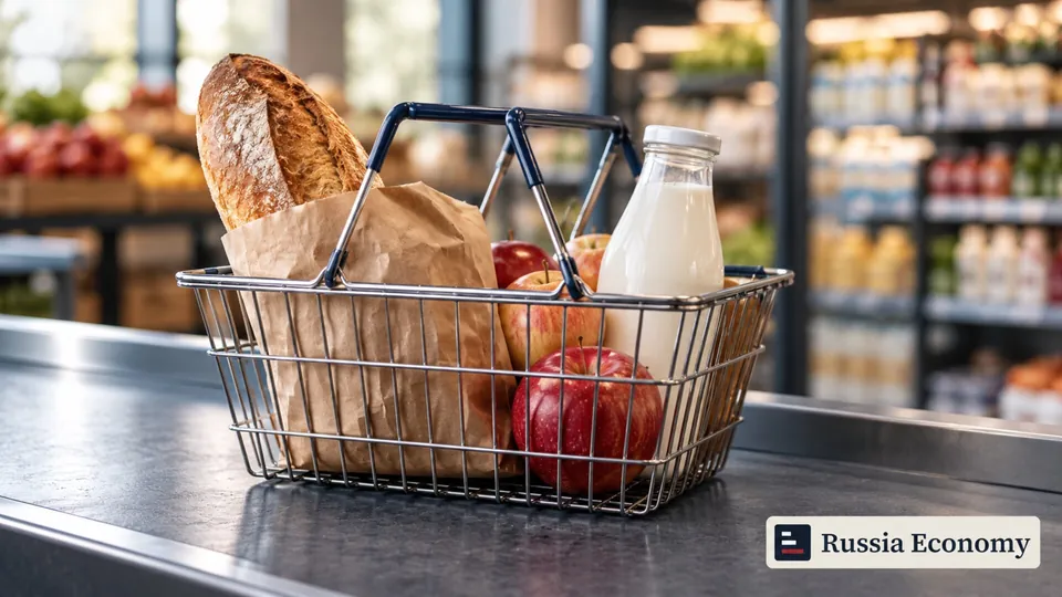 A steel shopping basket containing bread, apples, a paper bag and an unlabeled milk bottle on a supermarket counter.