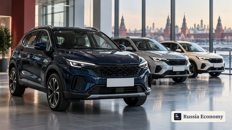 Three generic passenger crossovers arranged in a conceptual vehicle delivery hall.