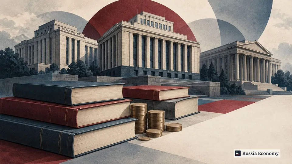 Blank fiscal ledgers and smooth coin stacks in front of civic buildings.