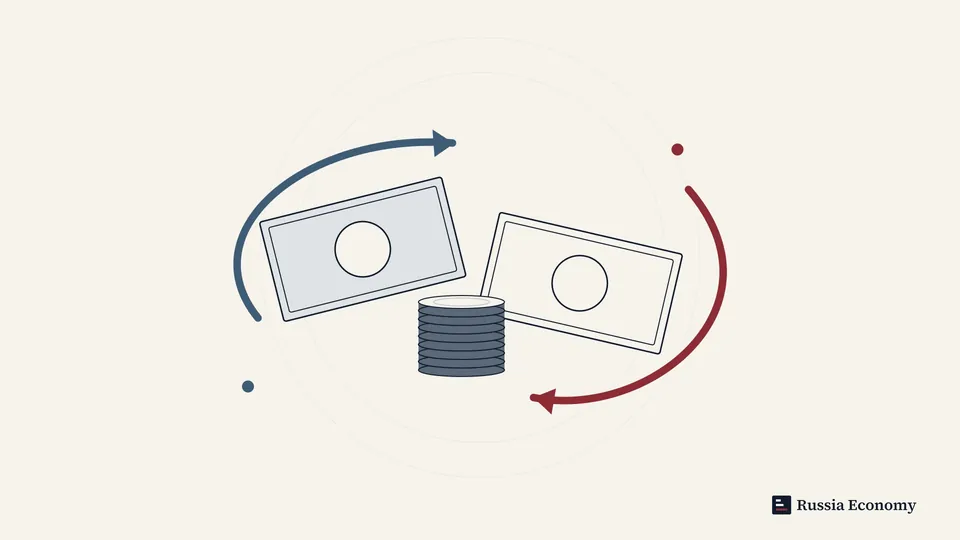 Blank banknotes and a stack of coins surrounded by two exchange arrows in an editorial illustration.