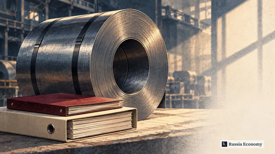 Editorial illustration of a rolled steel coil beside blank financial folders and an investment binder.